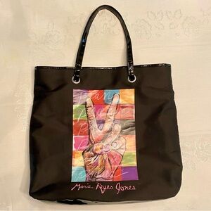 Vintage large tote bag, Maria Reyes Jones screen print on both sides. Black.